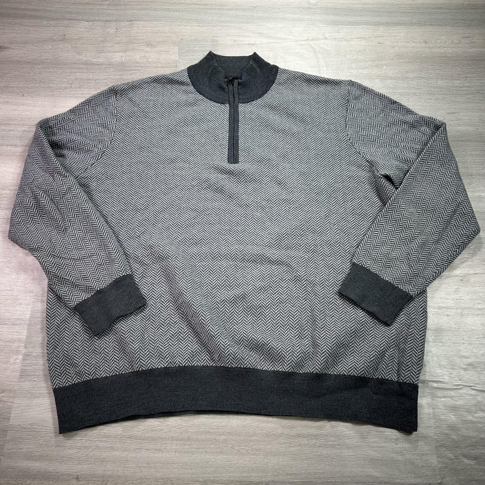 UNTUCKit Sweater‎ Mens 2XL Gray Belguardo Herringbone Wool 1/4 Zip Mock Neck